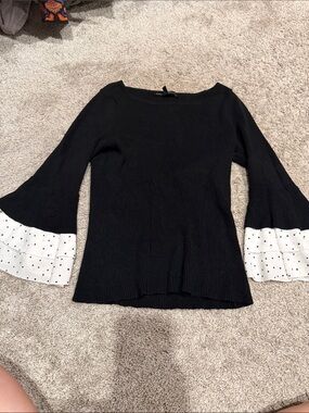 White House Black Market Black Sweater with White Polka Dot Ruffle Cuffs